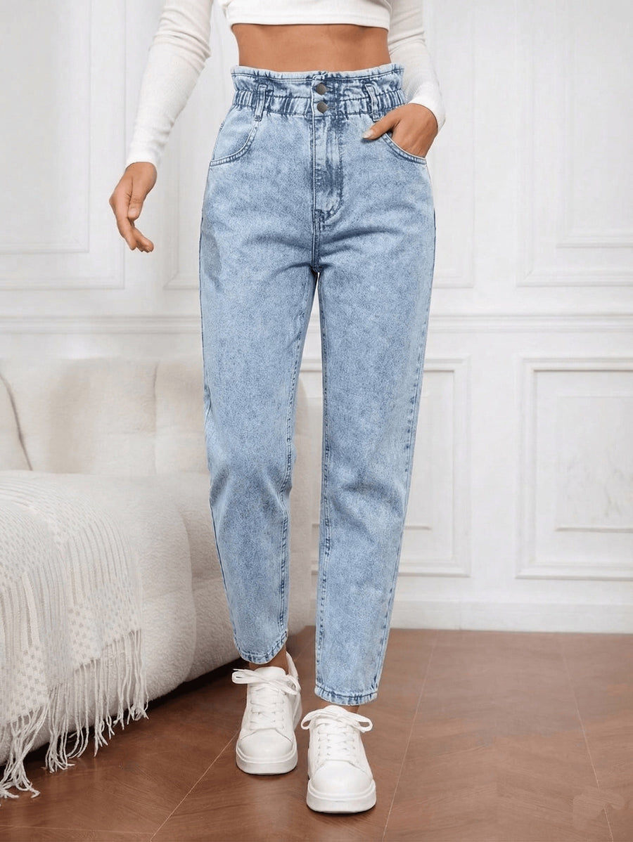 Effortless Blue Acid Wash Mom Jeans for Women with Paperbag Waist Button Front Tapered Relaxed Style