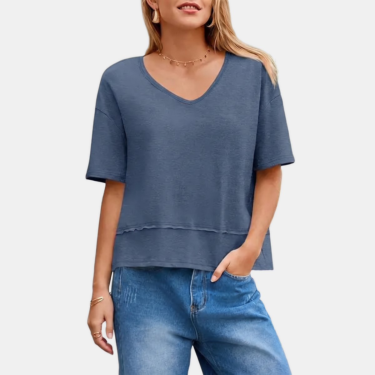Women's Oversized V Neck T Shirt Lettuce Hem Dropped Shoulder Top