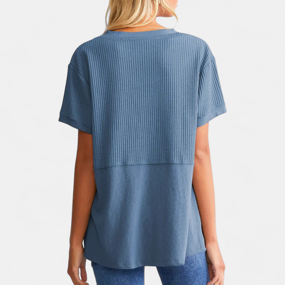 CORINNE™ – V-Neck Patchwork Waist-Cinch Shirt