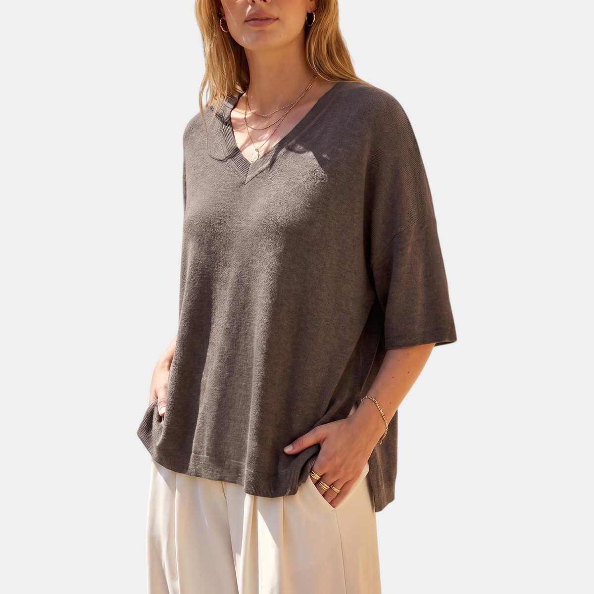 Women's Relaxed Half Sleeve V-Neck Knit Sweater Top