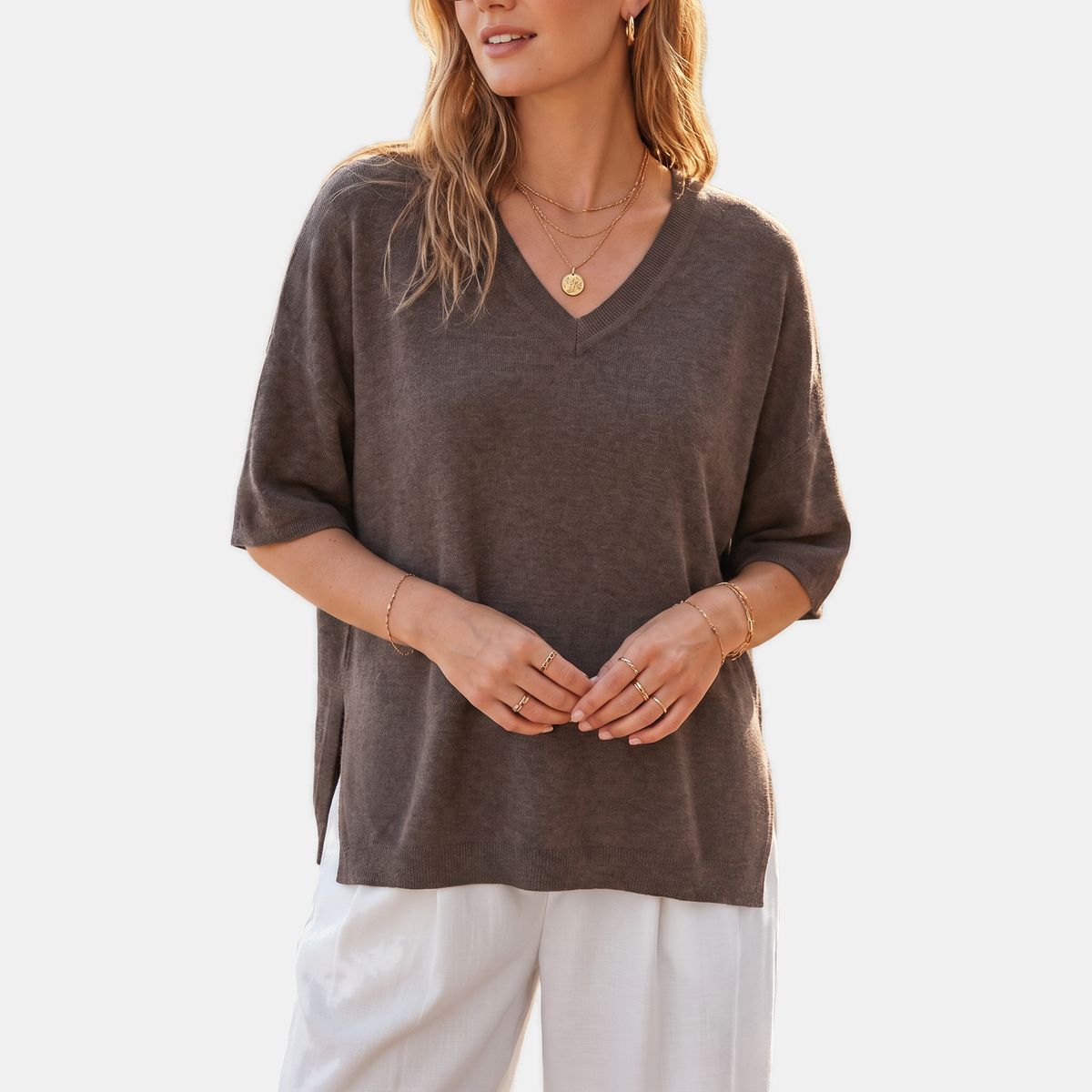 Women's Relaxed Half Sleeve V-Neck Knit Sweater Top
