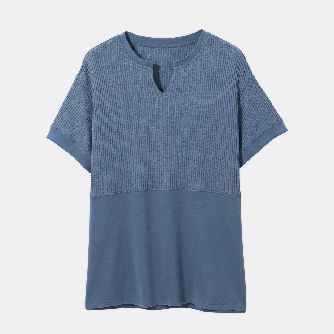 CORINNE™ – V-Neck Patchwork Waist-Cinch Shirt