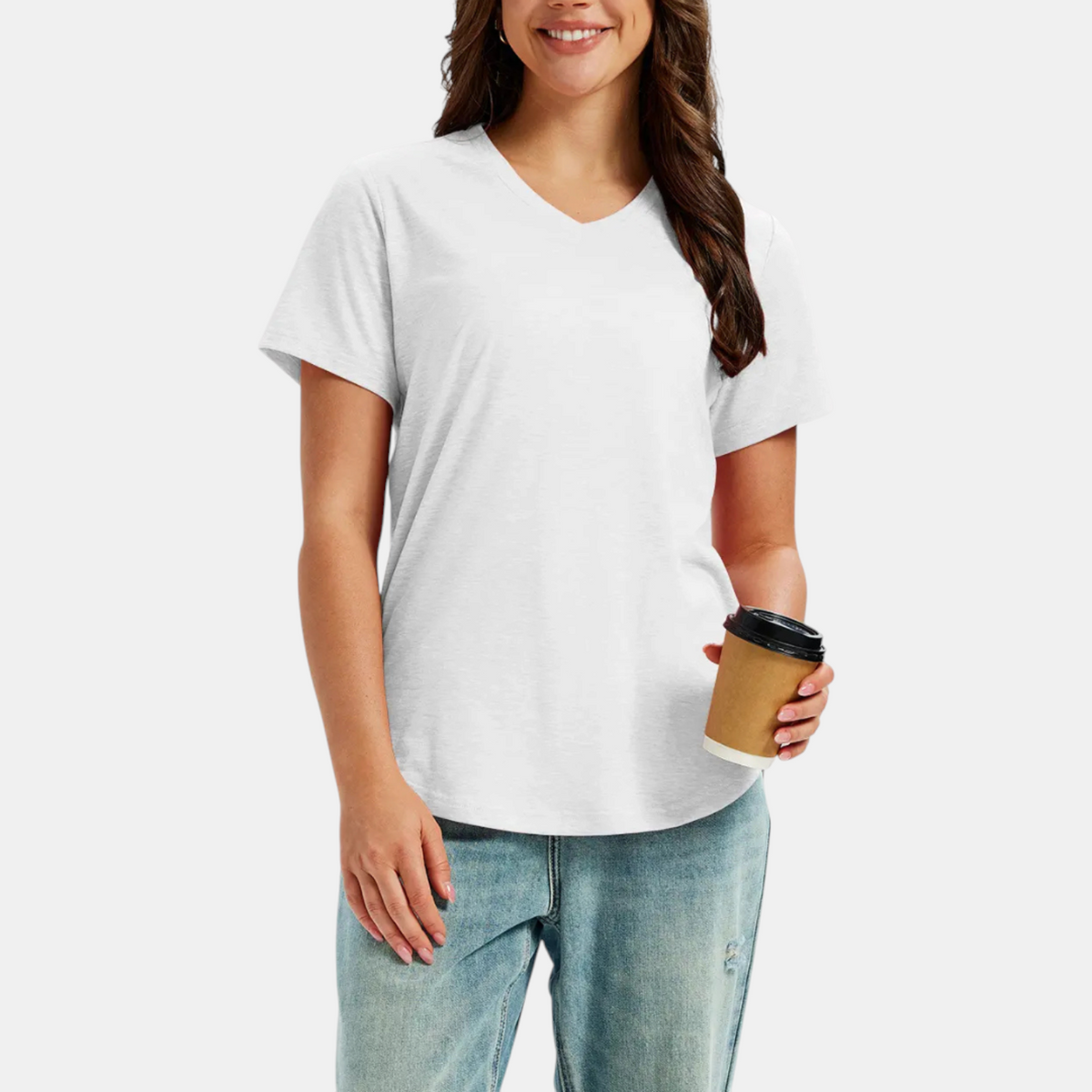 Women's V-Neck Short Sleeve Relaxed Fit T Shirt Curved Hem