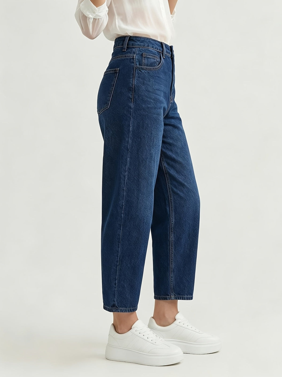 Effortless Deep Blue Relaxed Mom Jeans for Women with High Waist Barrel Leg Tapered Ankle