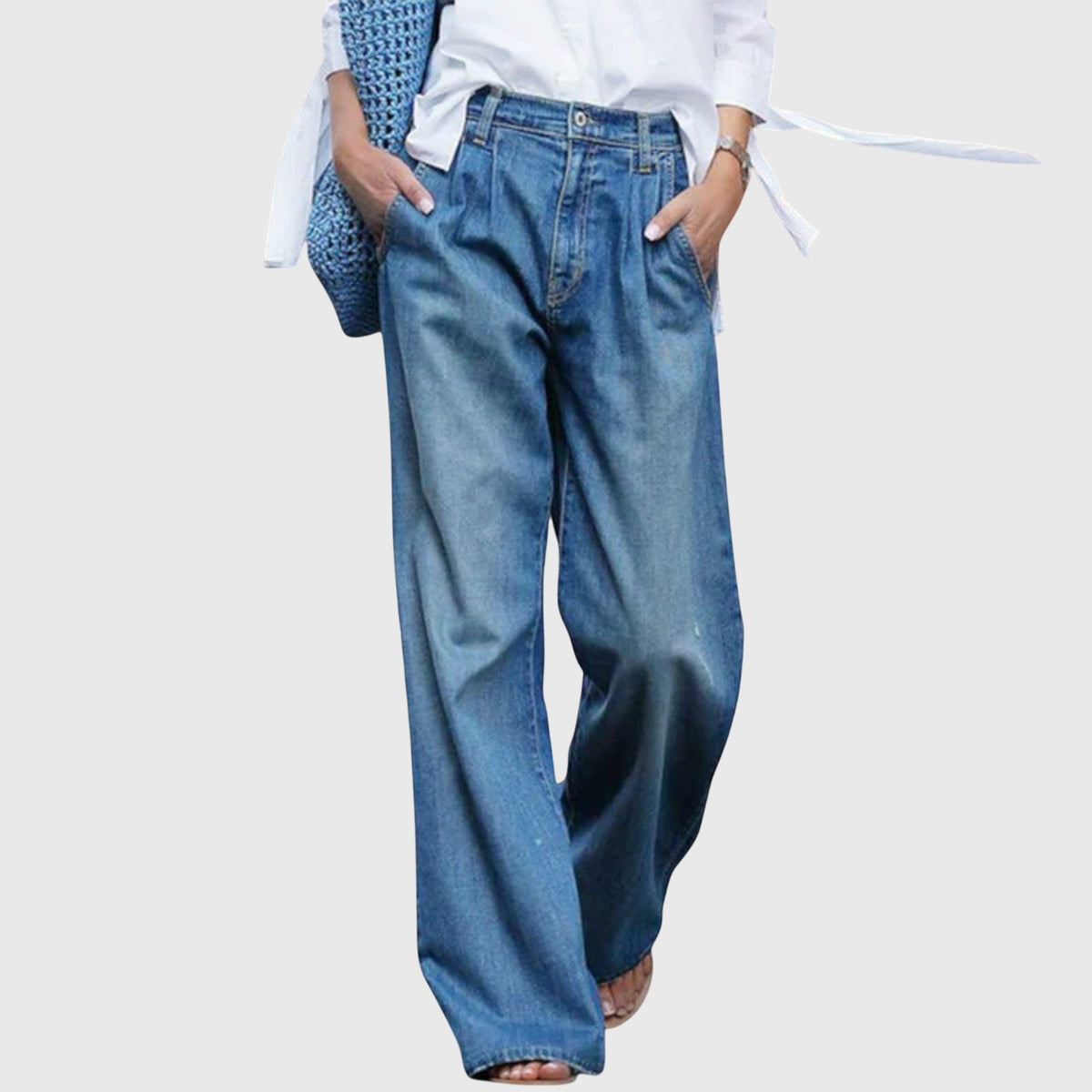 Effortless Blue Wide Leg Jeans for Women with High Waisted Pleated Front Relaxed Casual Style