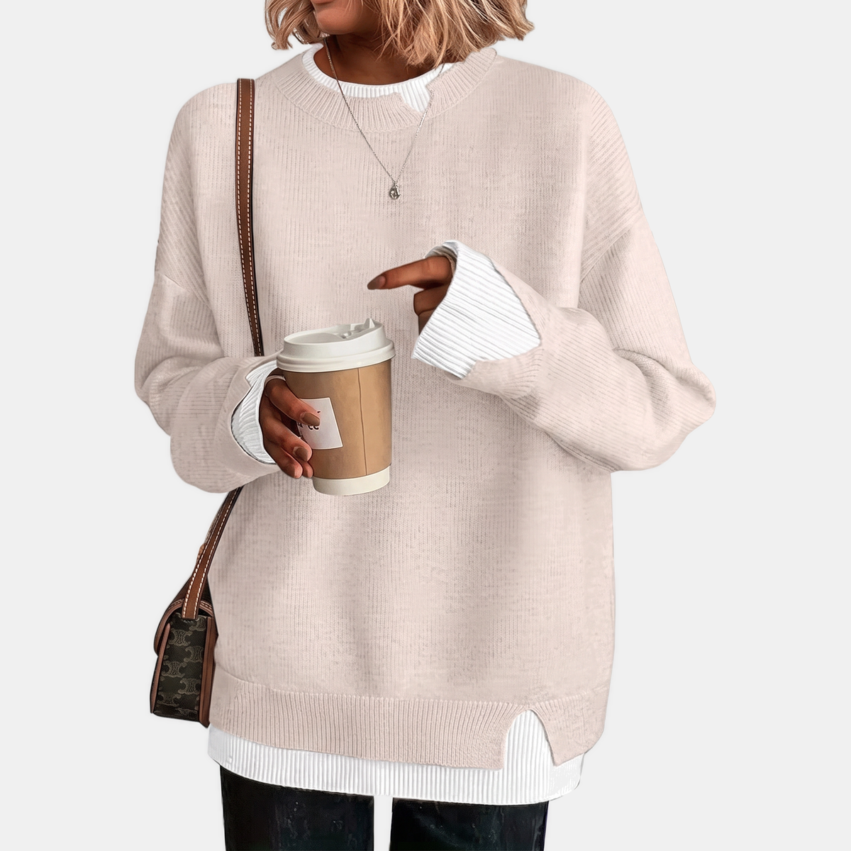 Women's Faux Layered Oversized Sweater Ribbed Contrast Trim Pullover