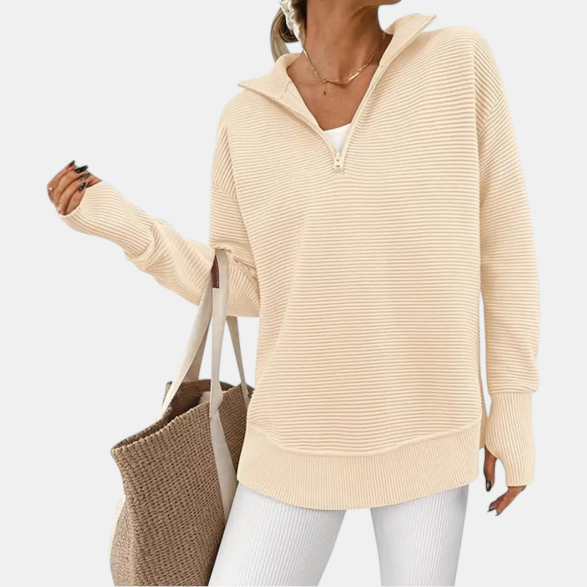 Women's Quarter Zip Sweater Oversized Ribbed Knit Pullover
