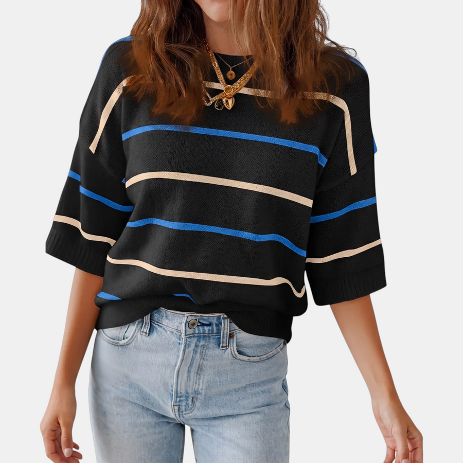 Women's Striped Knit Oversized Sweater with Ribbed Cuffs