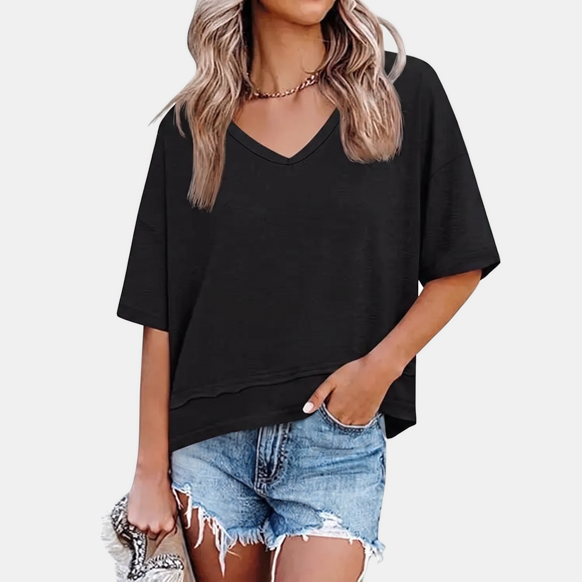 Women's Oversized V Neck T Shirt Lettuce Hem Dropped Shoulder Top