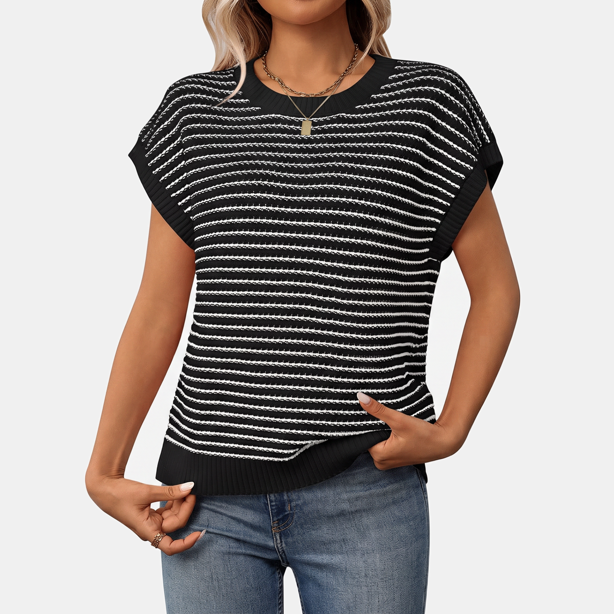 Women's Oversized Striped Knit Cap Sleeve Sweater Top