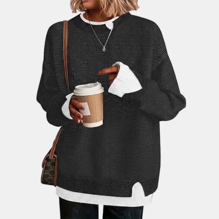 Women's Faux Layered Oversized Sweater Ribbed Contrast Trim Pullover