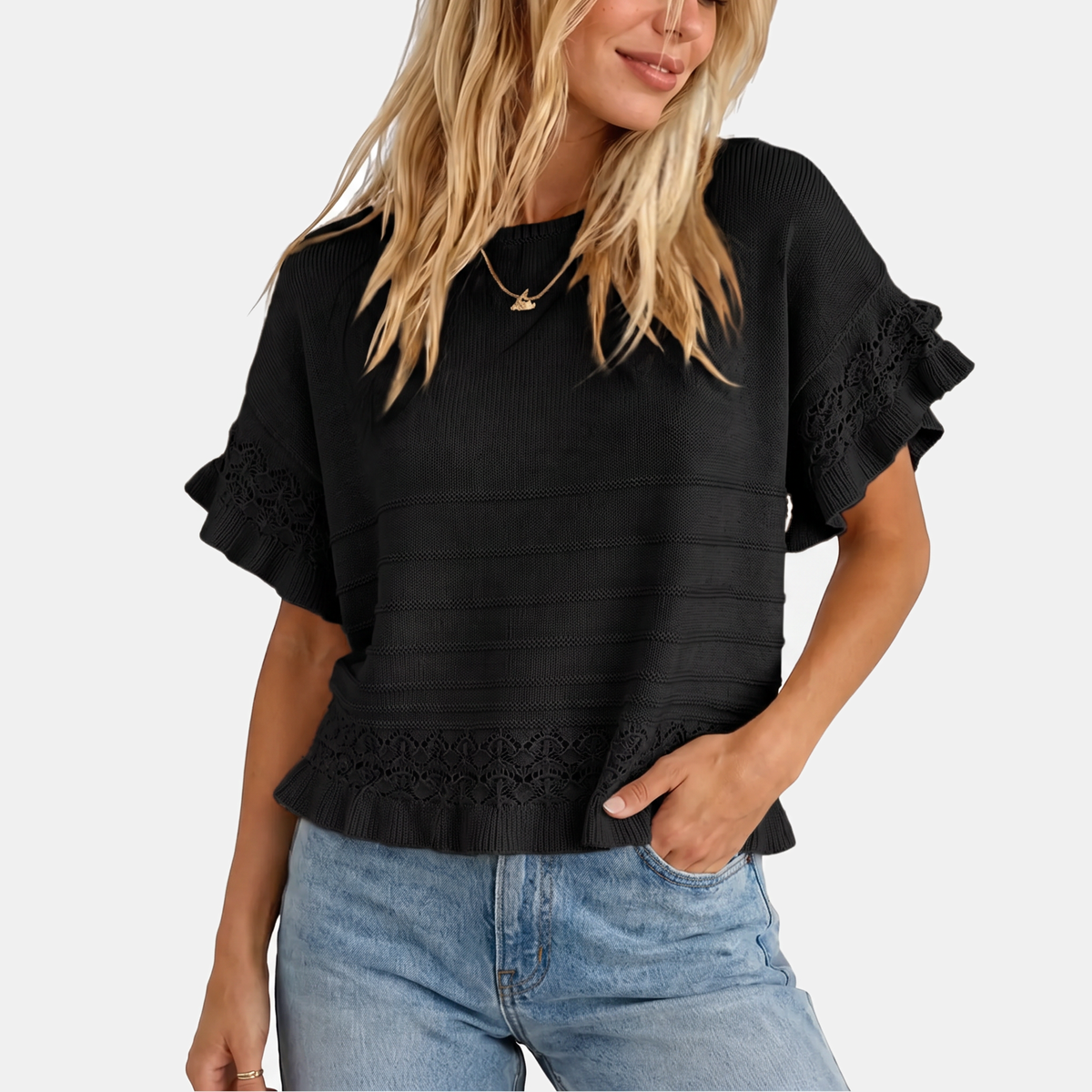 Women's Ruffled Hem Short Sleeve Knit Pullover Sweater