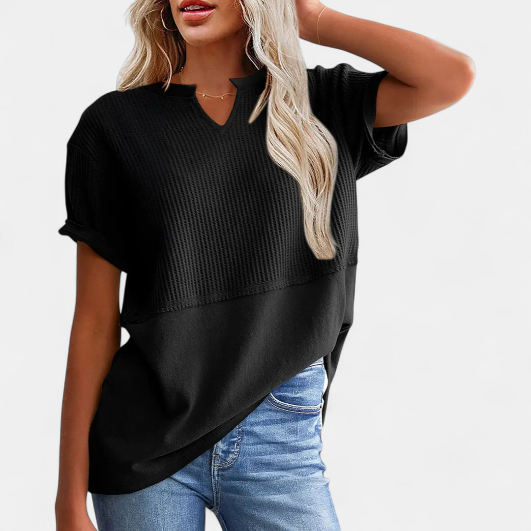 CORINNE™ – V-Neck Patchwork Waist-Cinch Shirt