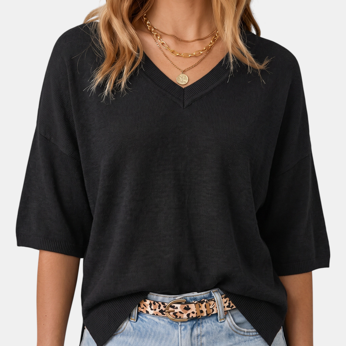 Women's Relaxed Half Sleeve V-Neck Knit Sweater Top
