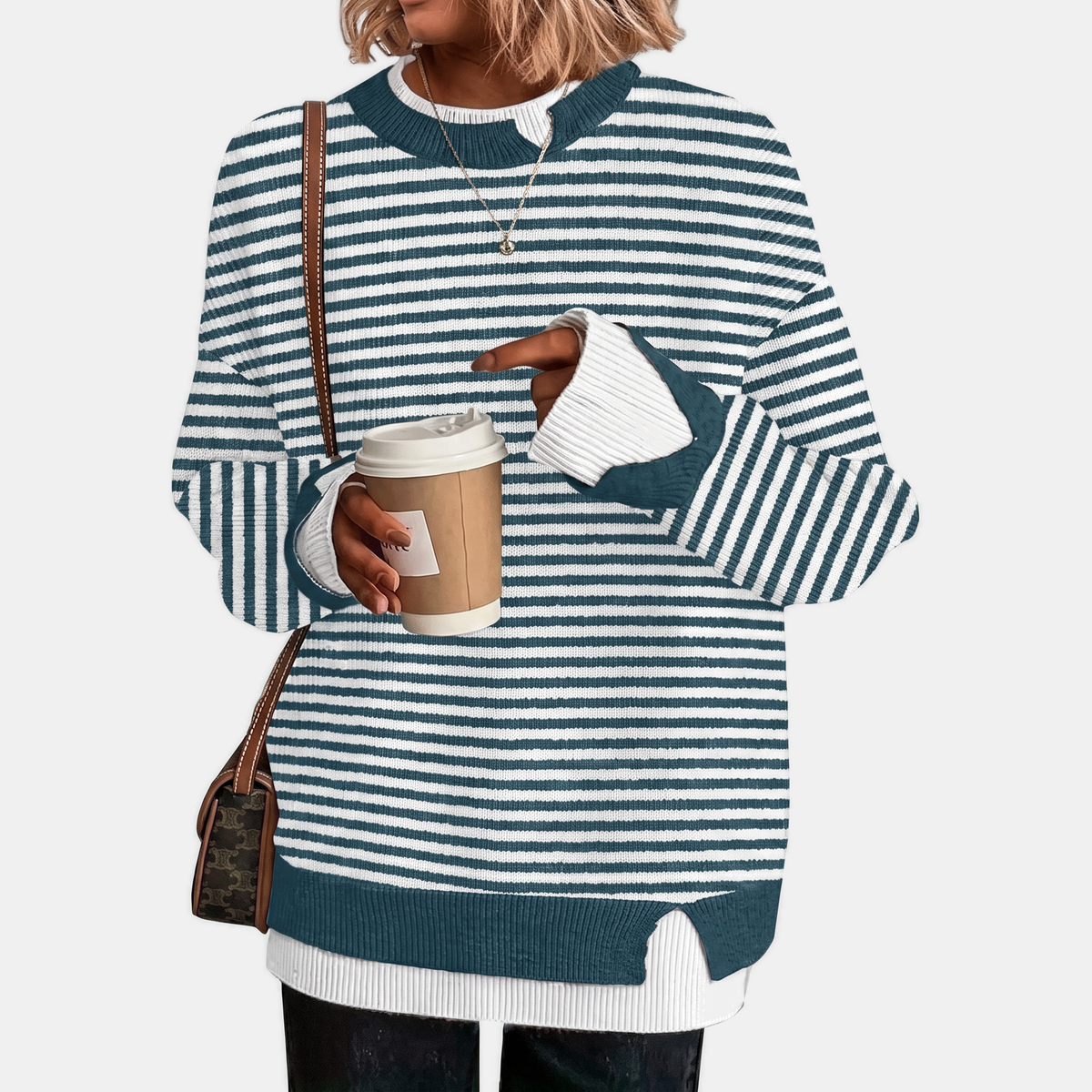 Women's Faux Layered Oversized Sweater Ribbed Contrast Trim Pullover