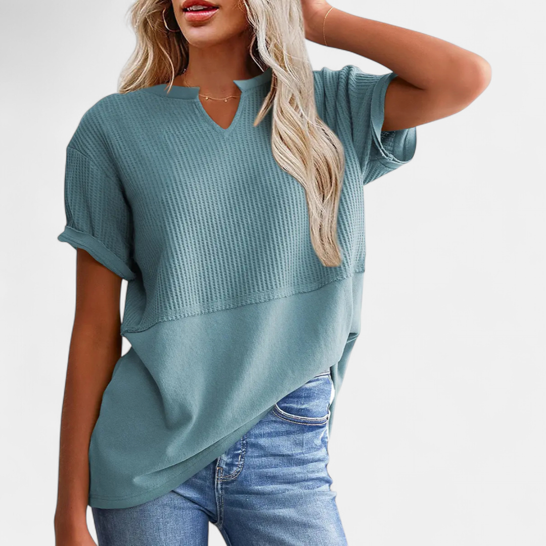 CORINNE™ – V-Neck Patchwork Waist-Cinch Shirt