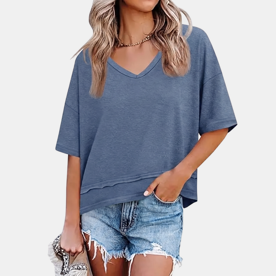 Women's Oversized V Neck T Shirt Lettuce Hem Dropped Shoulder Top