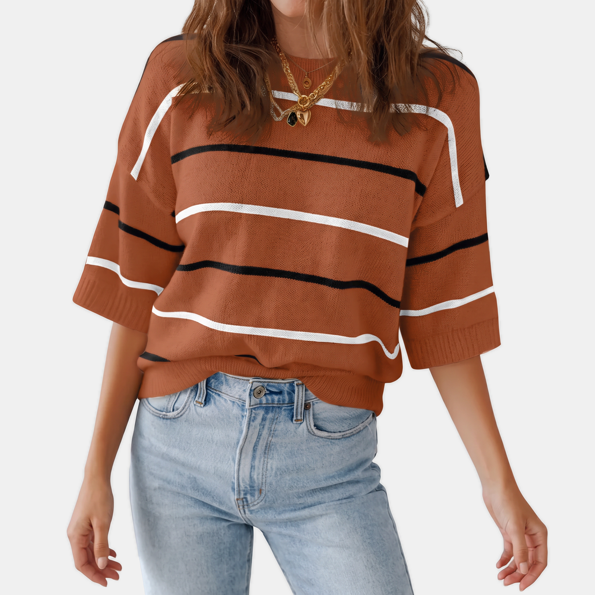 Women's Striped Knit Oversized Sweater with Ribbed Cuffs