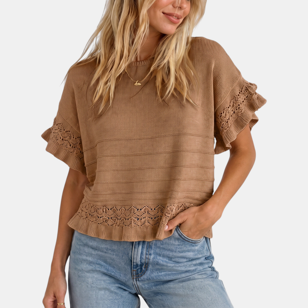 Women's Ruffled Hem Short Sleeve Knit Pullover Sweater