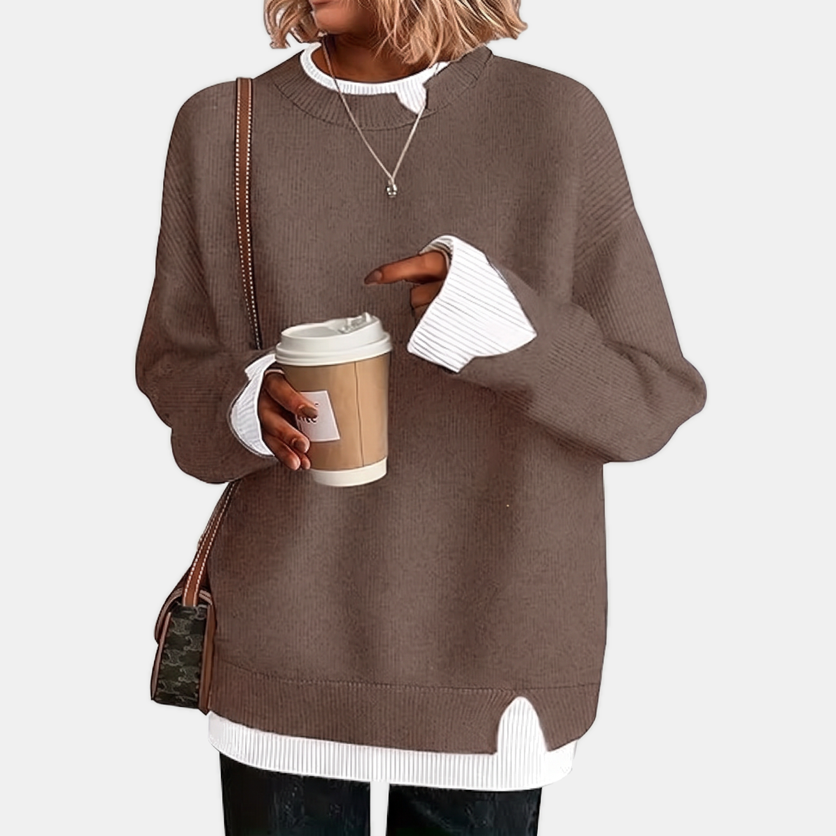 Women's Faux Layered Oversized Sweater Ribbed Contrast Trim Pullover