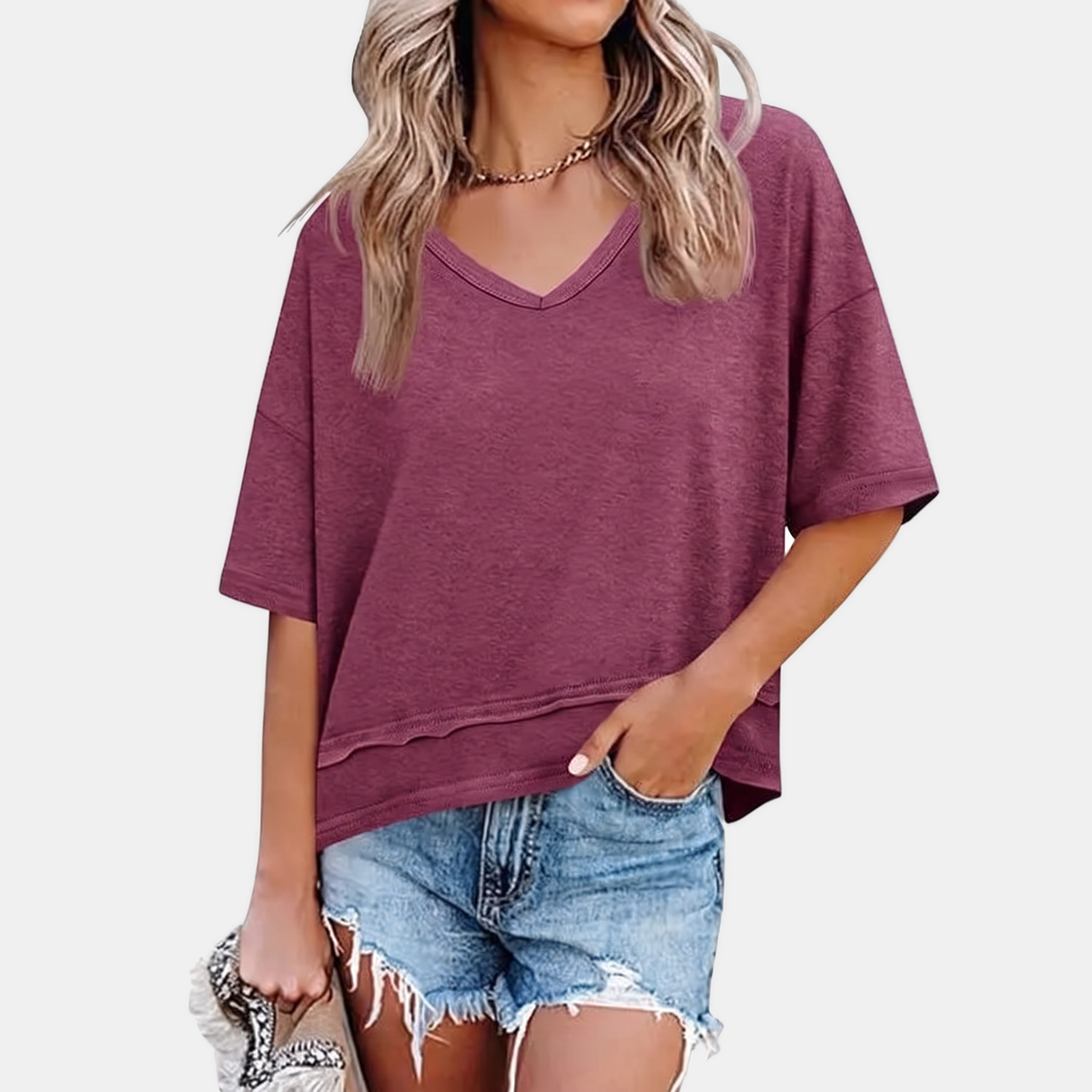 Women's Oversized V Neck T Shirt Lettuce Hem Dropped Shoulder Top
