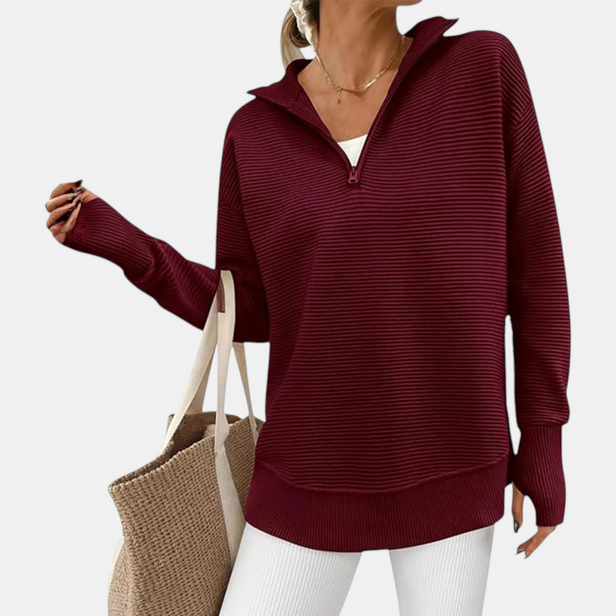 Women's Quarter Zip Sweater Oversized Ribbed Knit Pullover