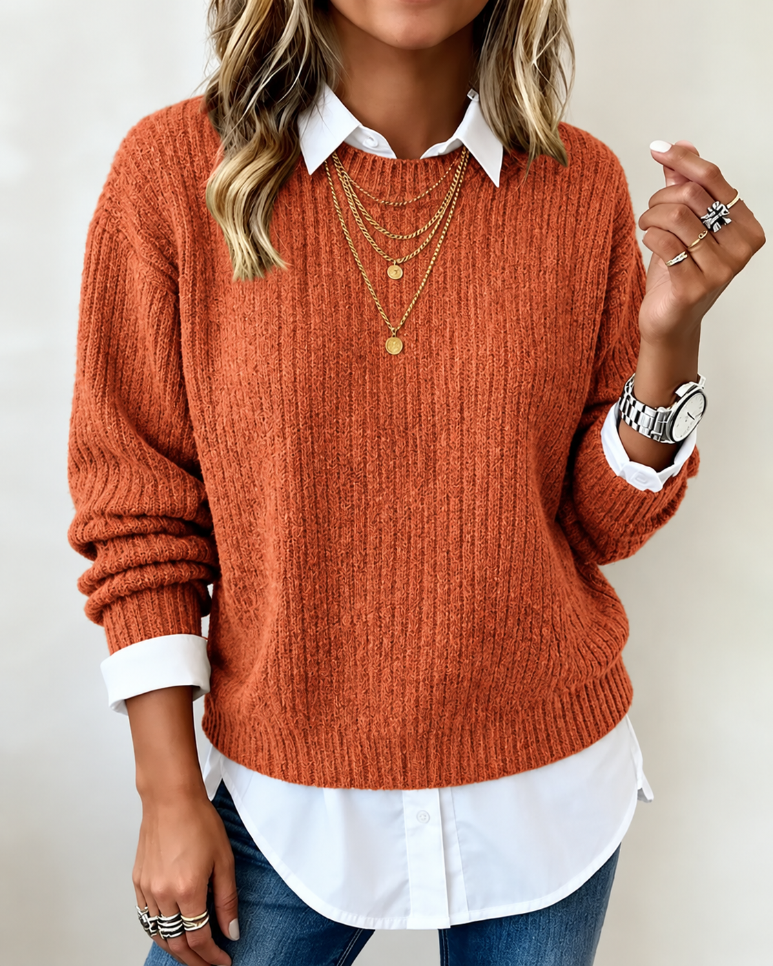 Laluna | Sweater With Shirt Collar And Patchwork Design