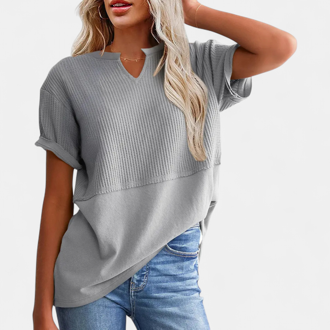 CORINNE™ – V-Neck Patchwork Waist-Cinch Shirt