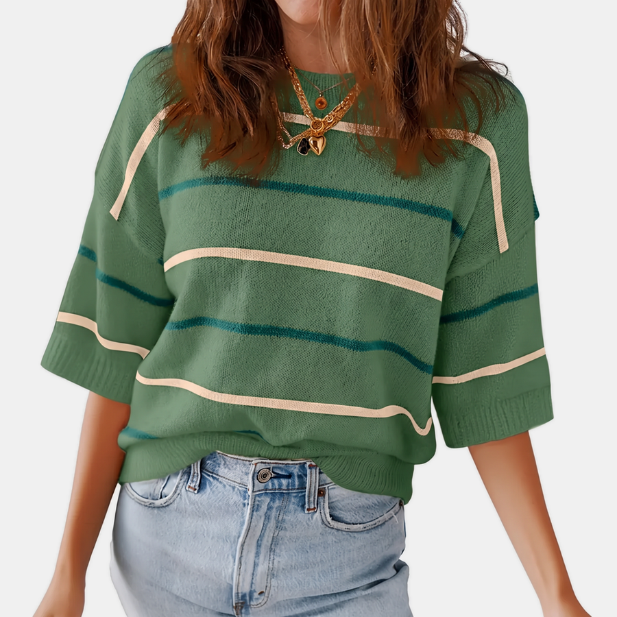 Women's Striped Knit Oversized Sweater with Ribbed Cuffs