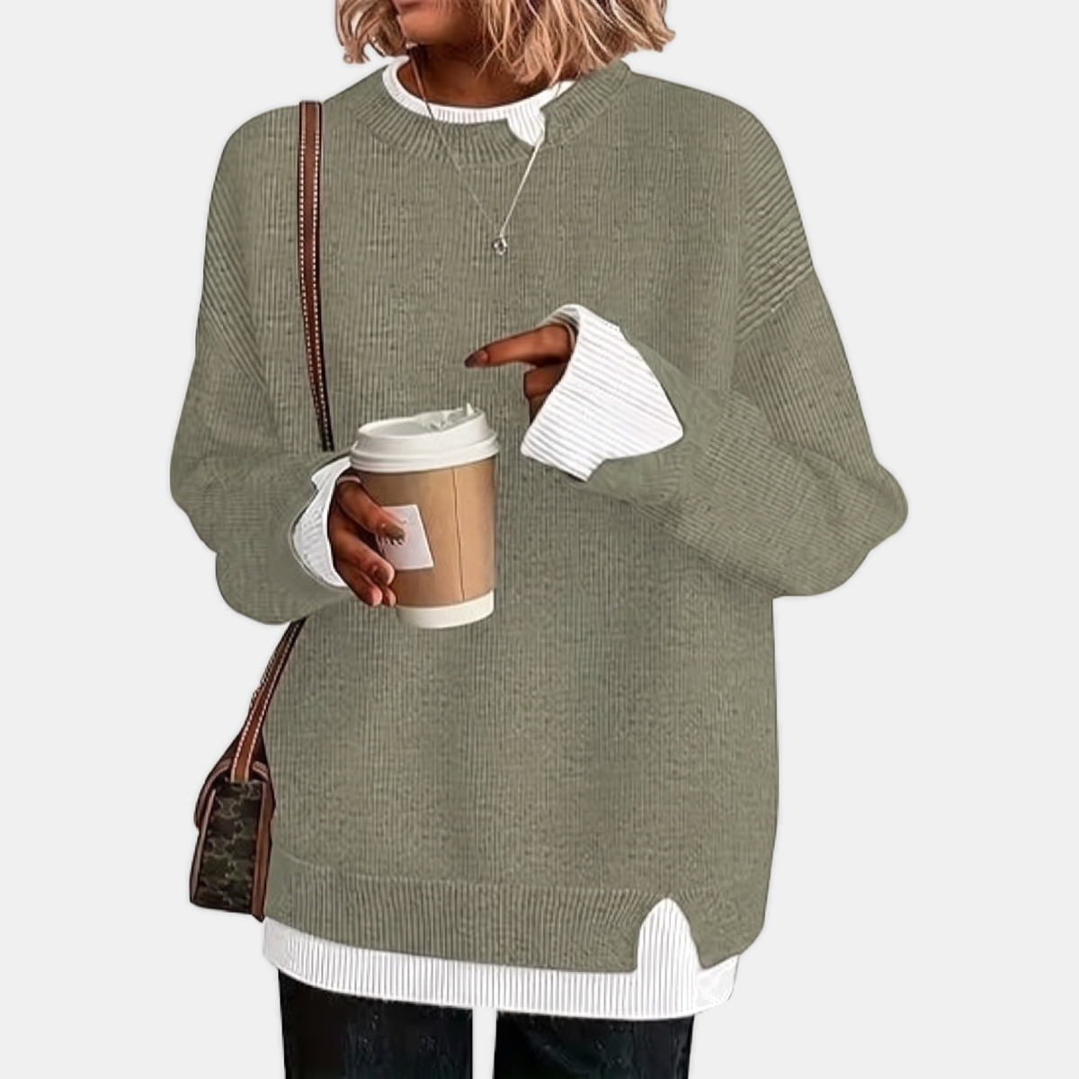 Women's Faux Layered Oversized Sweater Ribbed Contrast Trim Pullover