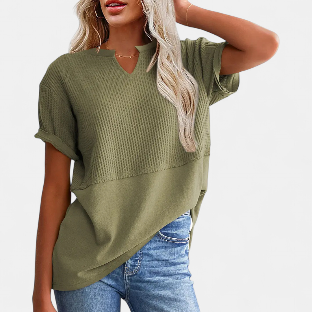 CORINNE™ – V-Neck Patchwork Waist-Cinch Shirt