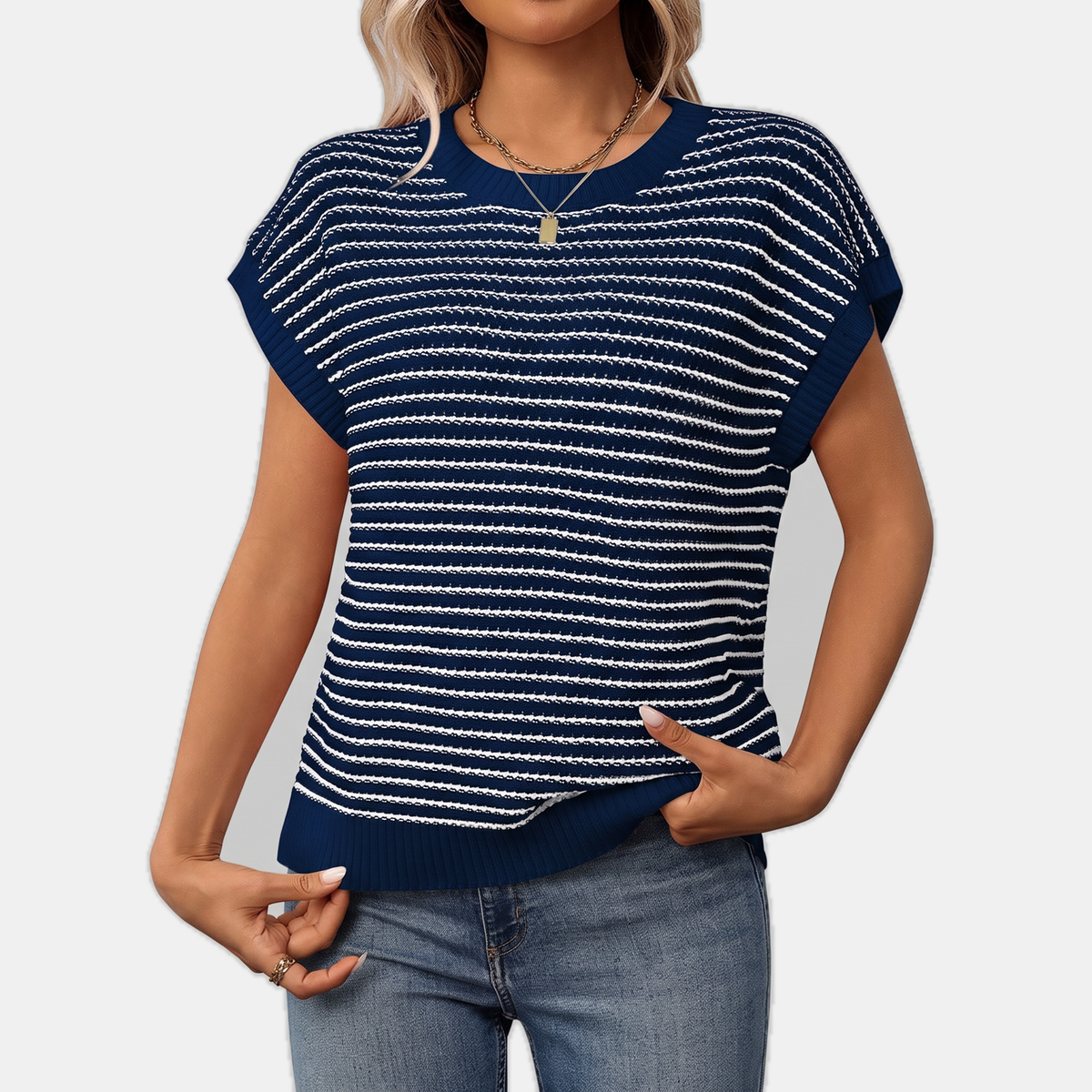 Women's Oversized Striped Knit Cap Sleeve Sweater Top