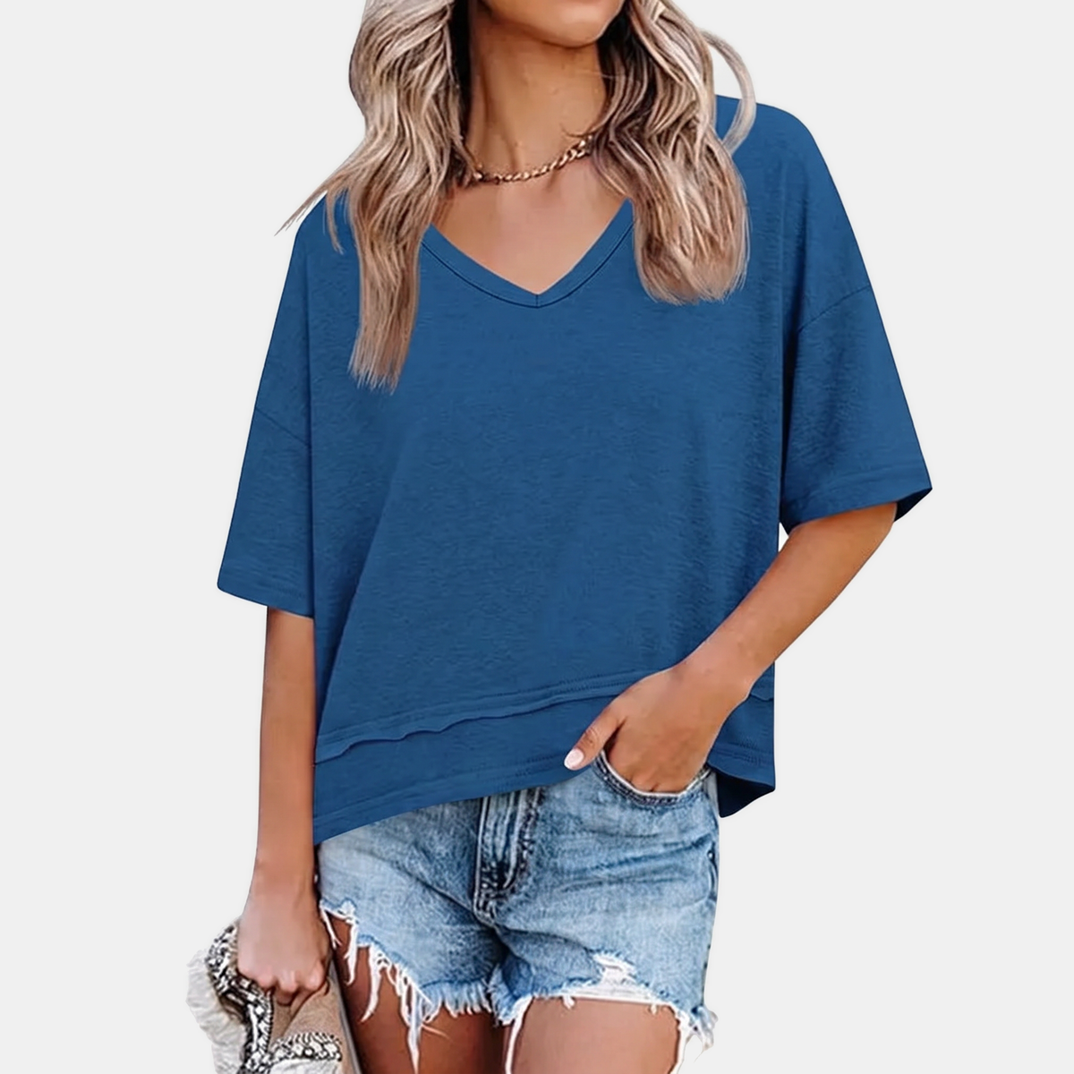 Women's Oversized V Neck T Shirt Lettuce Hem Dropped Shoulder Top