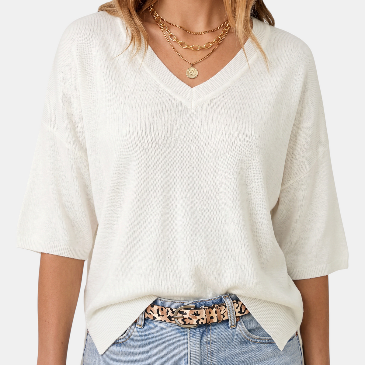Women's Relaxed Half Sleeve V-Neck Knit Sweater Top