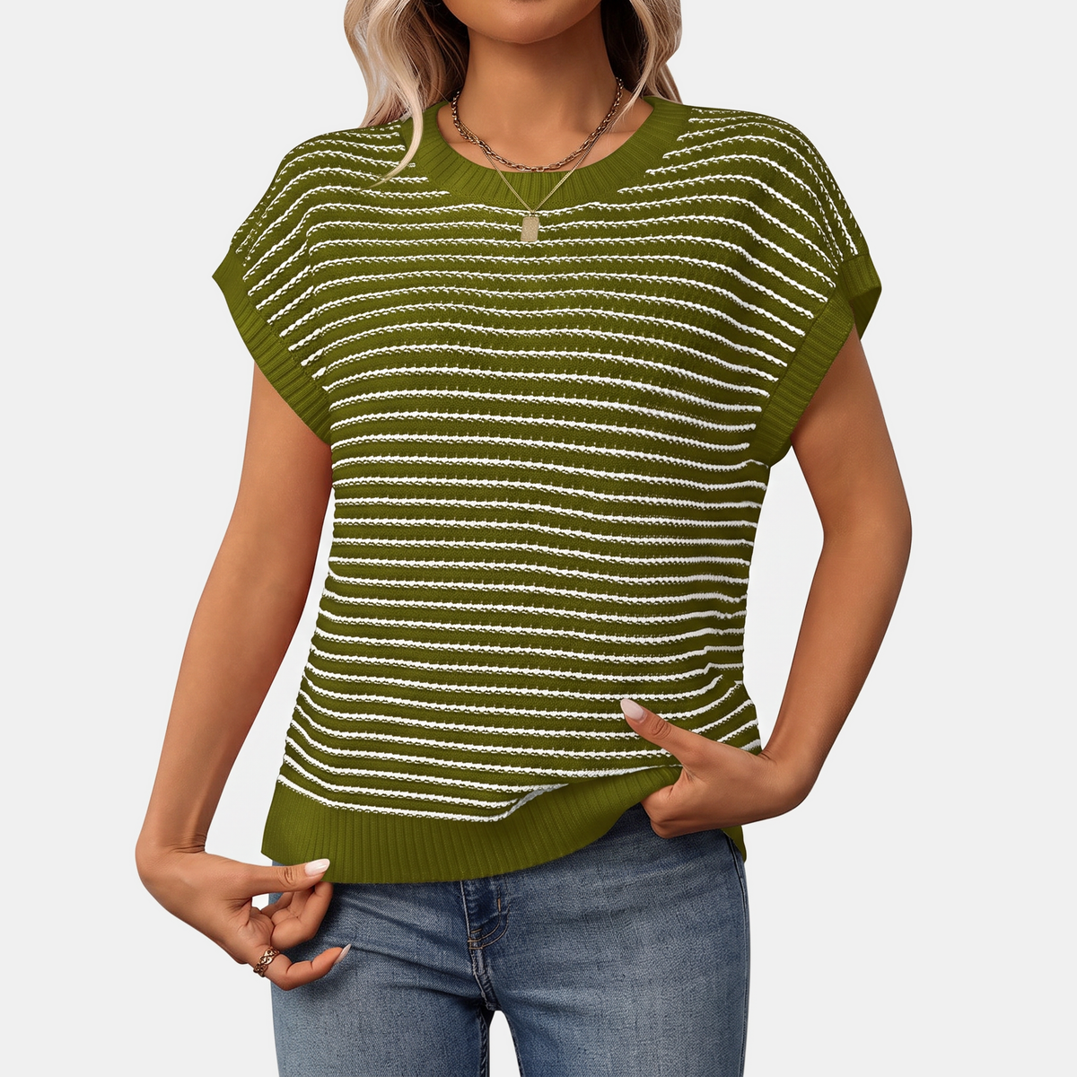 Women's Oversized Striped Knit Cap Sleeve Sweater Top