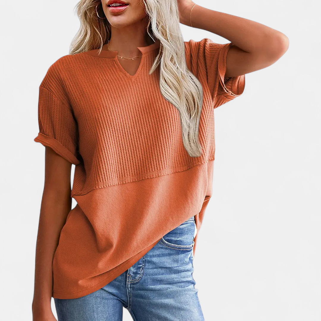 CORINNE™ – V-Neck Patchwork Waist-Cinch Shirt
