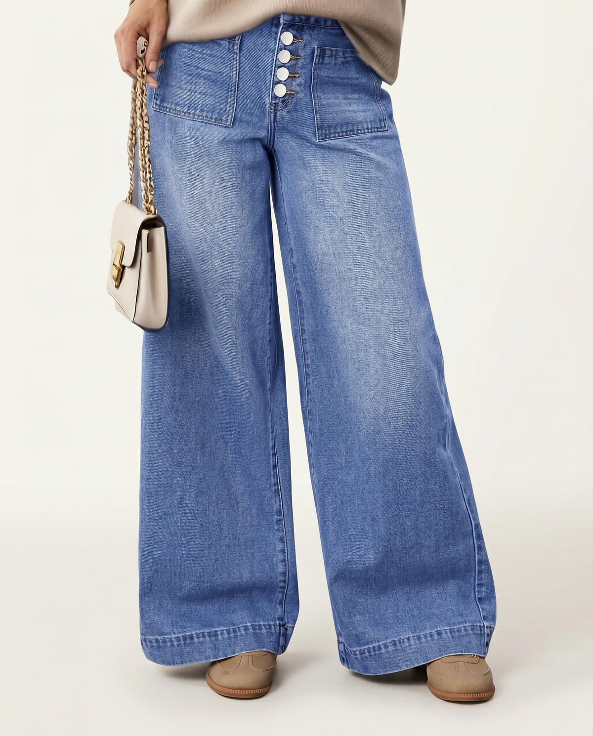 Stylish Blue Wide Leg Jeans for Women with High Waisted Button Front Denim Relaxed Style