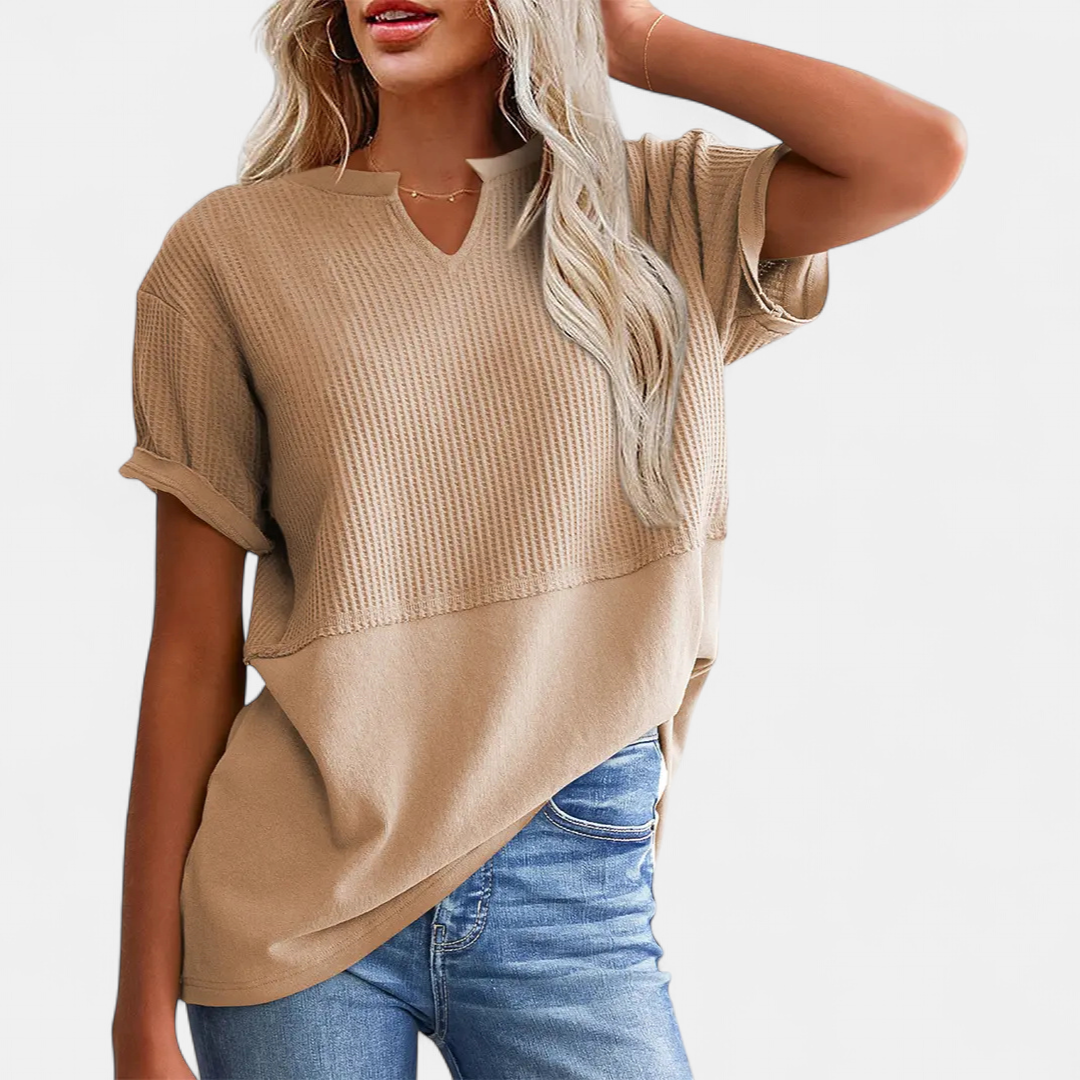 CORINNE™ – V-Neck Patchwork Waist-Cinch Shirt