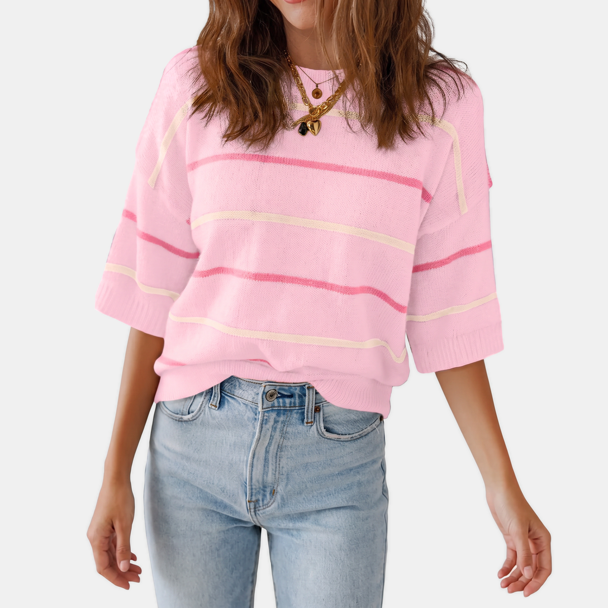 Women's Striped Knit Oversized Sweater with Ribbed Cuffs