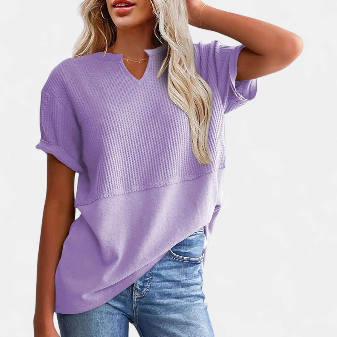 CORINNE™ – V-Neck Patchwork Waist-Cinch Shirt