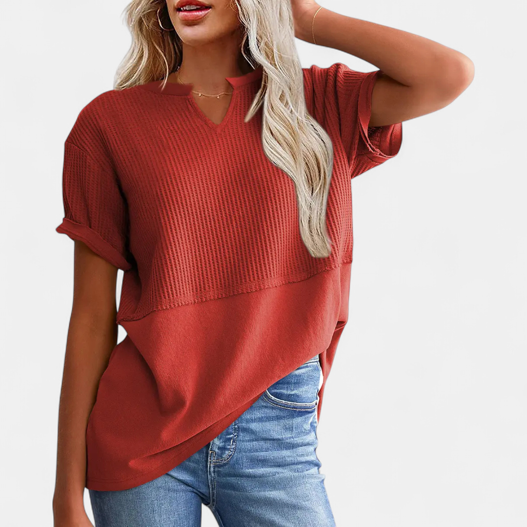 CORINNE™ – V-Neck Patchwork Waist-Cinch Shirt