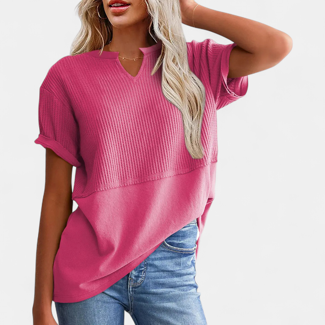 CORINNE™ – V-Neck Patchwork Waist-Cinch Shirt