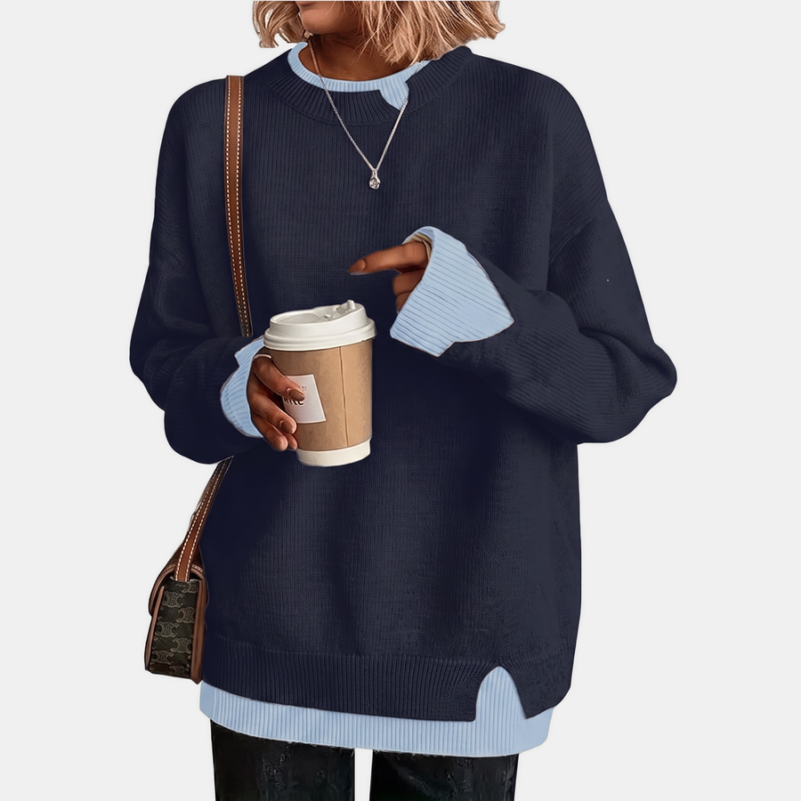 Women's Faux Layered Oversized Sweater Ribbed Contrast Trim Pullover