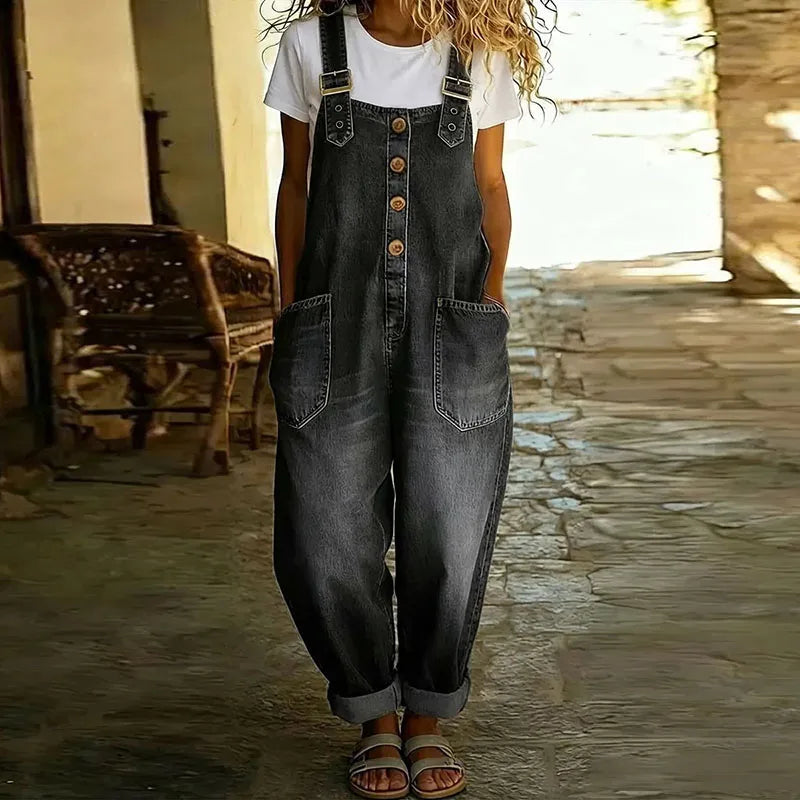 Mae | Vintage Soft Denim Look Overalls with Adjustable Straps