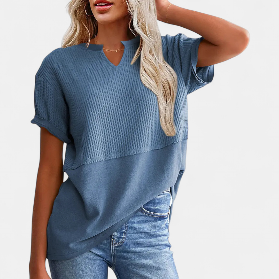 CORINNE™ – V-Neck Patchwork Waist-Cinch Shirt