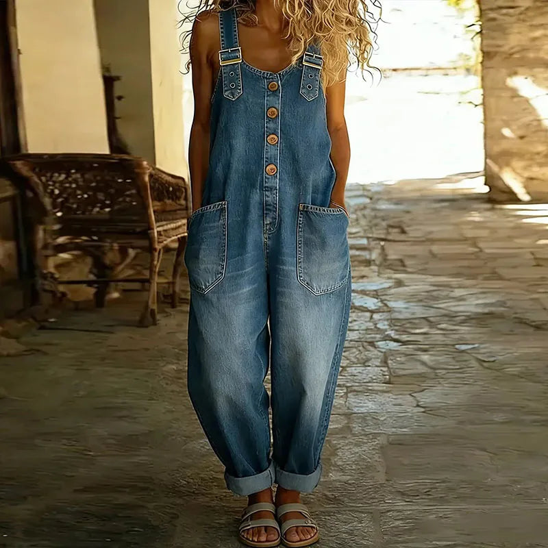 Mae | Vintage Soft Denim Look Overalls with Adjustable Straps