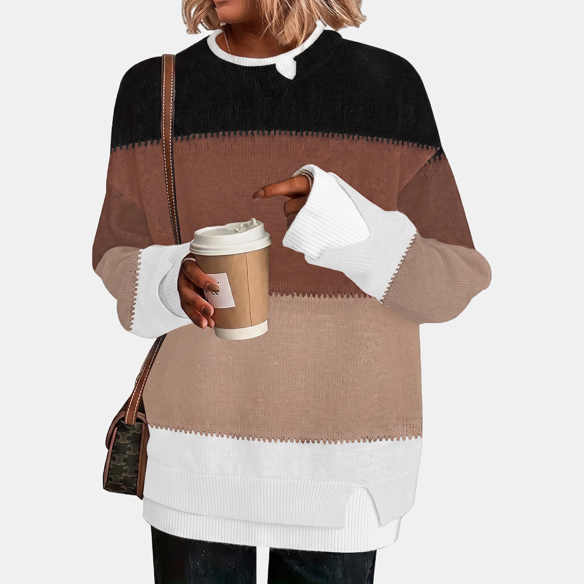 Women's Faux Layered Oversized Sweater Ribbed Contrast Trim Pullover