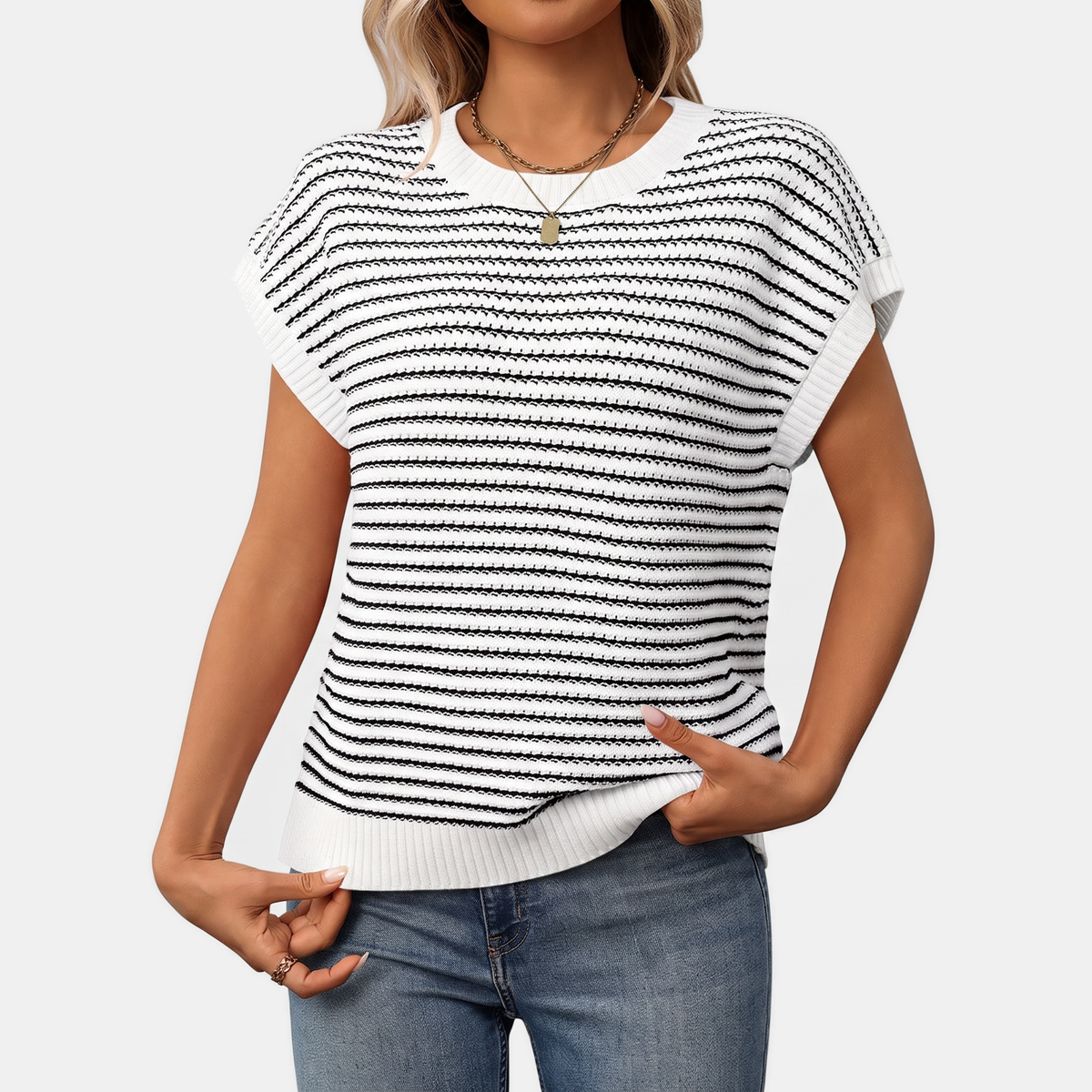 Women's Oversized Striped Knit Cap Sleeve Sweater Top