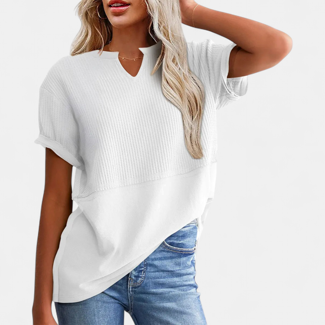 CORINNE™ – V-Neck Patchwork Waist-Cinch Shirt