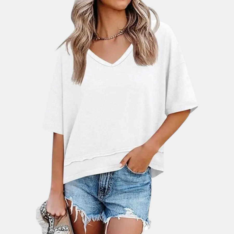 Women's Oversized V Neck T Shirt Lettuce Hem Dropped Shoulder Top